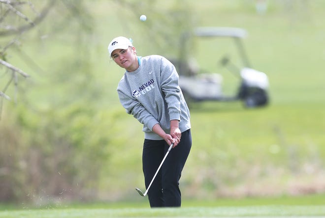 Nevada's Olivia Axmear chips the ball onto the 9th hole during the Turk Bowman Invitational Girls Golf meet on Monday, April 22, 2024, at Veenker Memorial Golf Course in Ames.