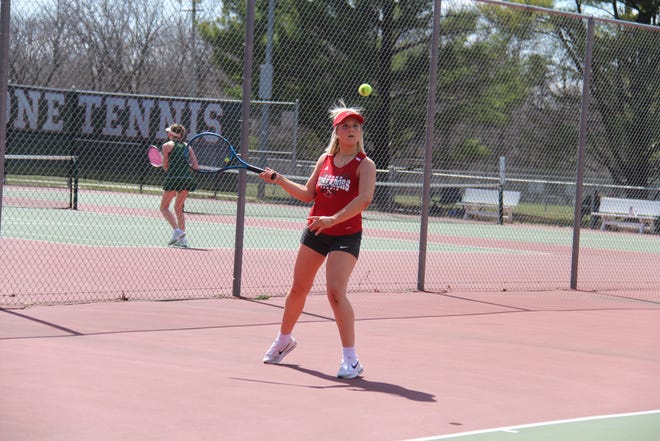Boone's Lucy Hansen returns the ball during a match on Monday, April 10, 2023, at McHose Park Tennis Courts in Boone.